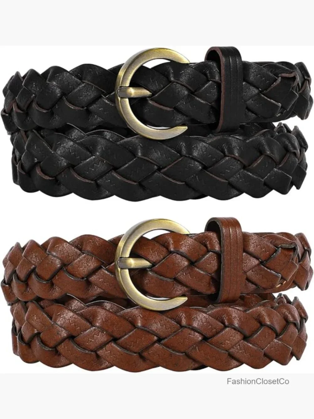 2 Braided Leather Belts - Skinny Woven Belt for Jeans & Pants
